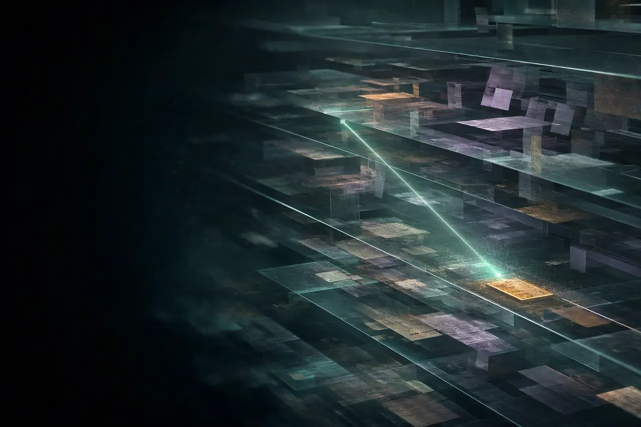 Translucent archive layers connected to one highlighted source record by a mint-colored search beam